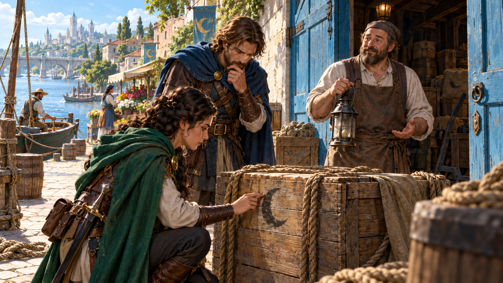Illustration of adventurers examining a crescent mark on a crate and questioning a warehouse worker