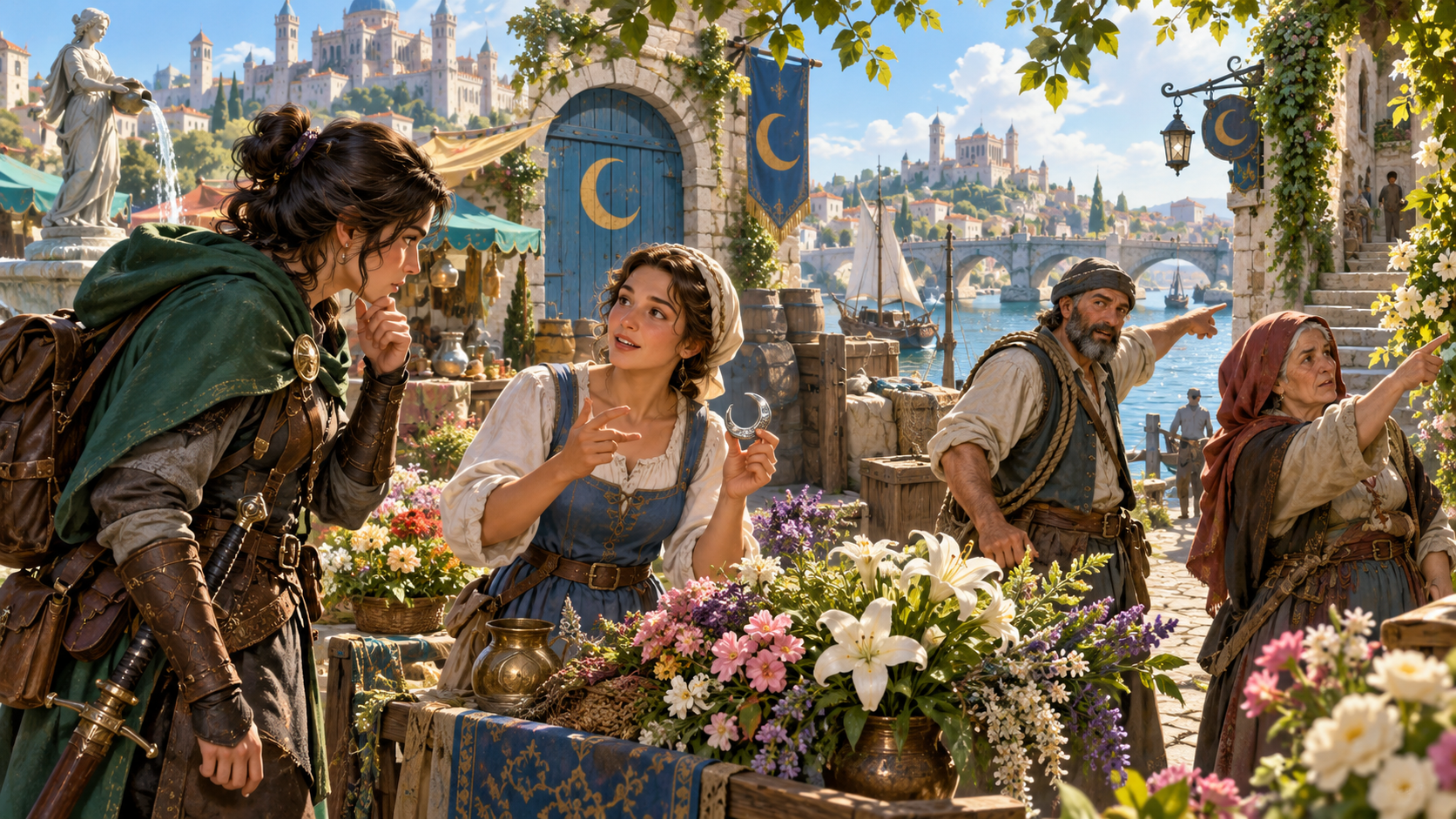 Illustration of an adventurer questioning a flower merchant about a crescent token while townspeople point towards possible leads