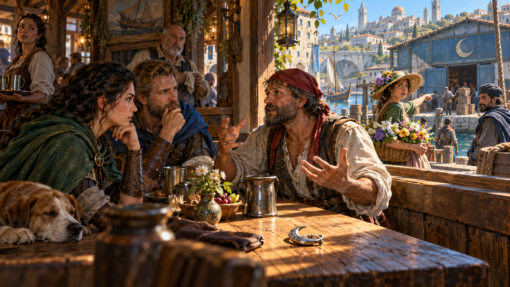 Illustration of adventurers listening to a sailor telling a story in a harbour tavern