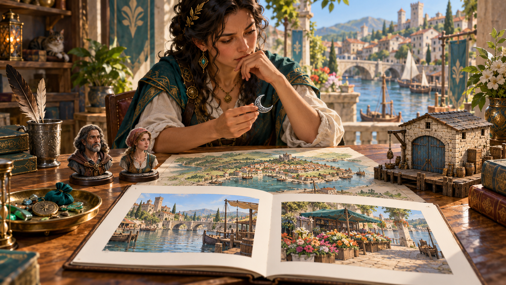 Illustration of a woman reviewing a crescent token settlement map witness portraits warehouse model and preparation book